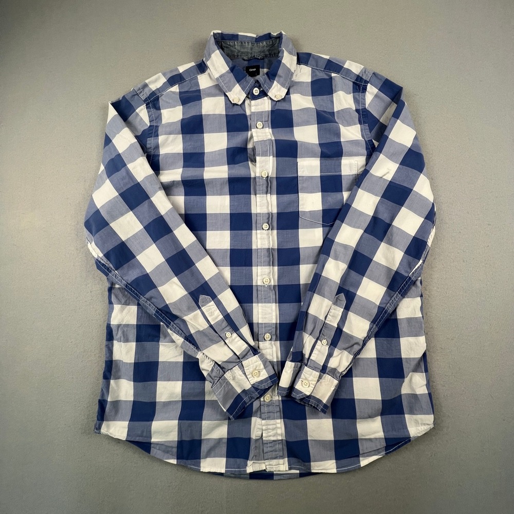 Gap Button Down Shirt Mens Large Blue Buffalo Check Plaid Cotton Casual Classic